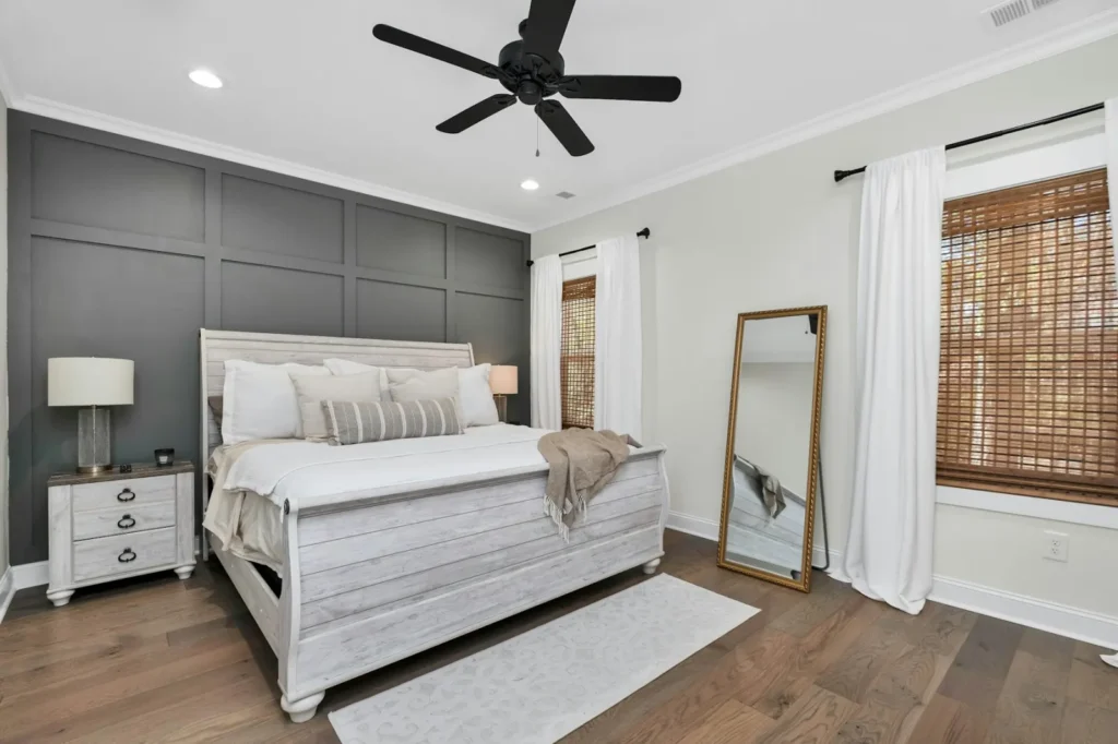Bedroom with a black ceiling fan