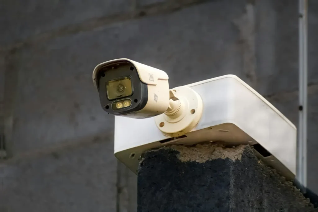 Security camera mounted on an exterior wall