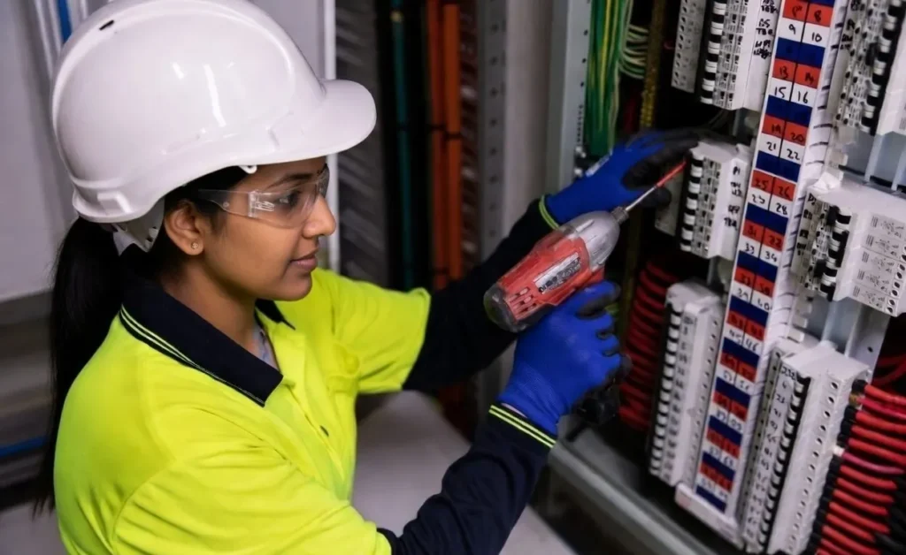 Electrician fitting circuit breakers in a switchboard