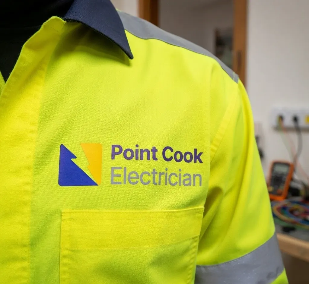 Point Cook Electrician logo on a hi-vis work shirt